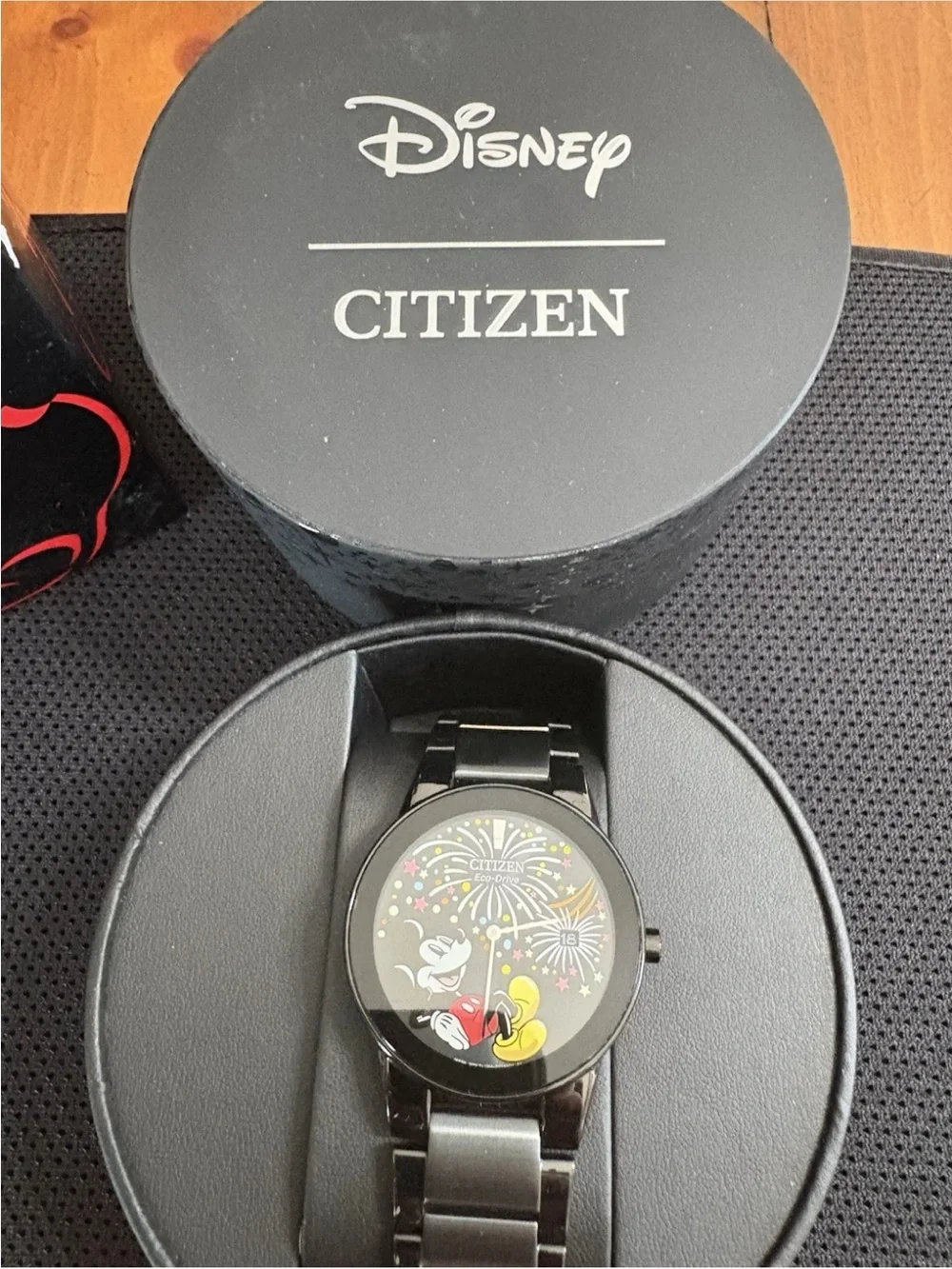 New Citizen Mickey Mouse Fiesta Eco-Drive Black Steel Watch AU1095-57W Box
